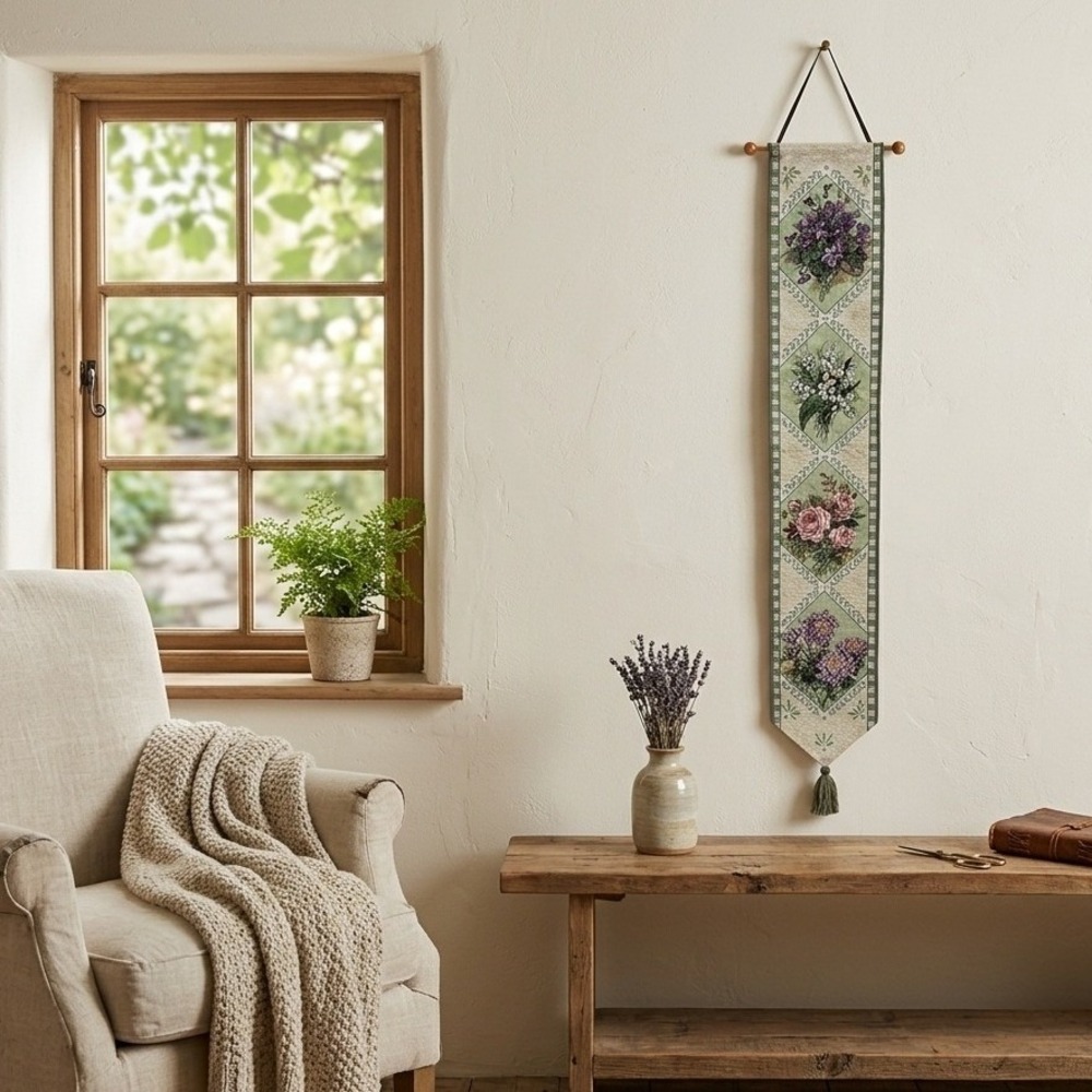 Lena Liu Floral Annual Bell Pull Woven Tapestry Wall Hanging Tassel USA